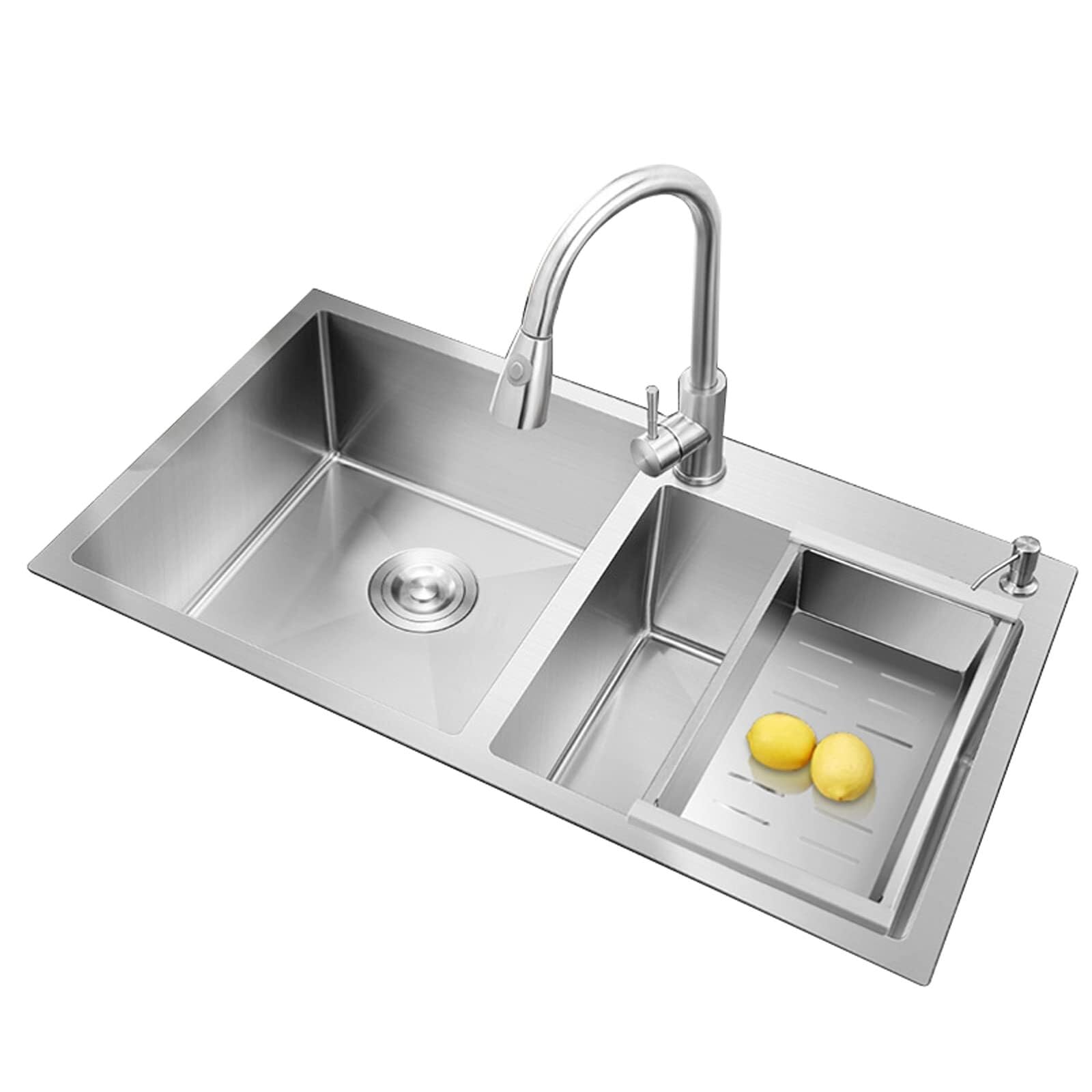 SDdPulse Juego de fregadero de cocina de doble tazón, fregadero de acero inoxidable 304 con grifo extraíble y cesta de drenaje para el hogar, oficina, bar y lavandería, plateado-7843