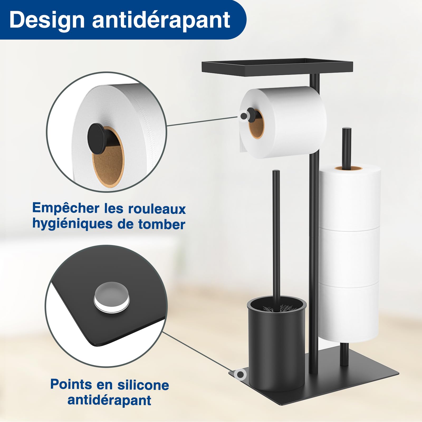 Porte-papier toilette debout en acier inoxydable avec brosse – avec boîte à lingettes humides, ensemble WC