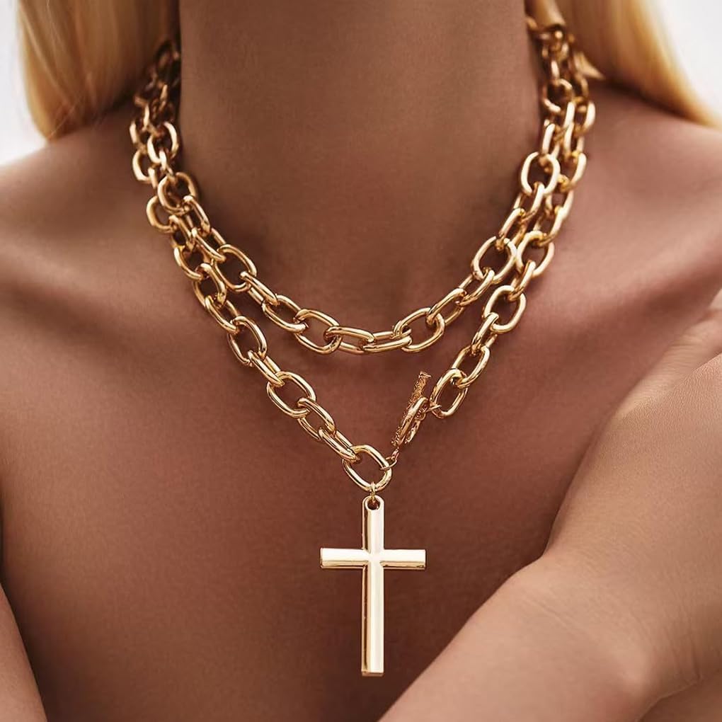 Chunky Gold Cross Necklace for Women,Large Cross Pendant Thick Chain Link Long Necklace,Layered Stackable Statement Jewelry Accessories - Image 2