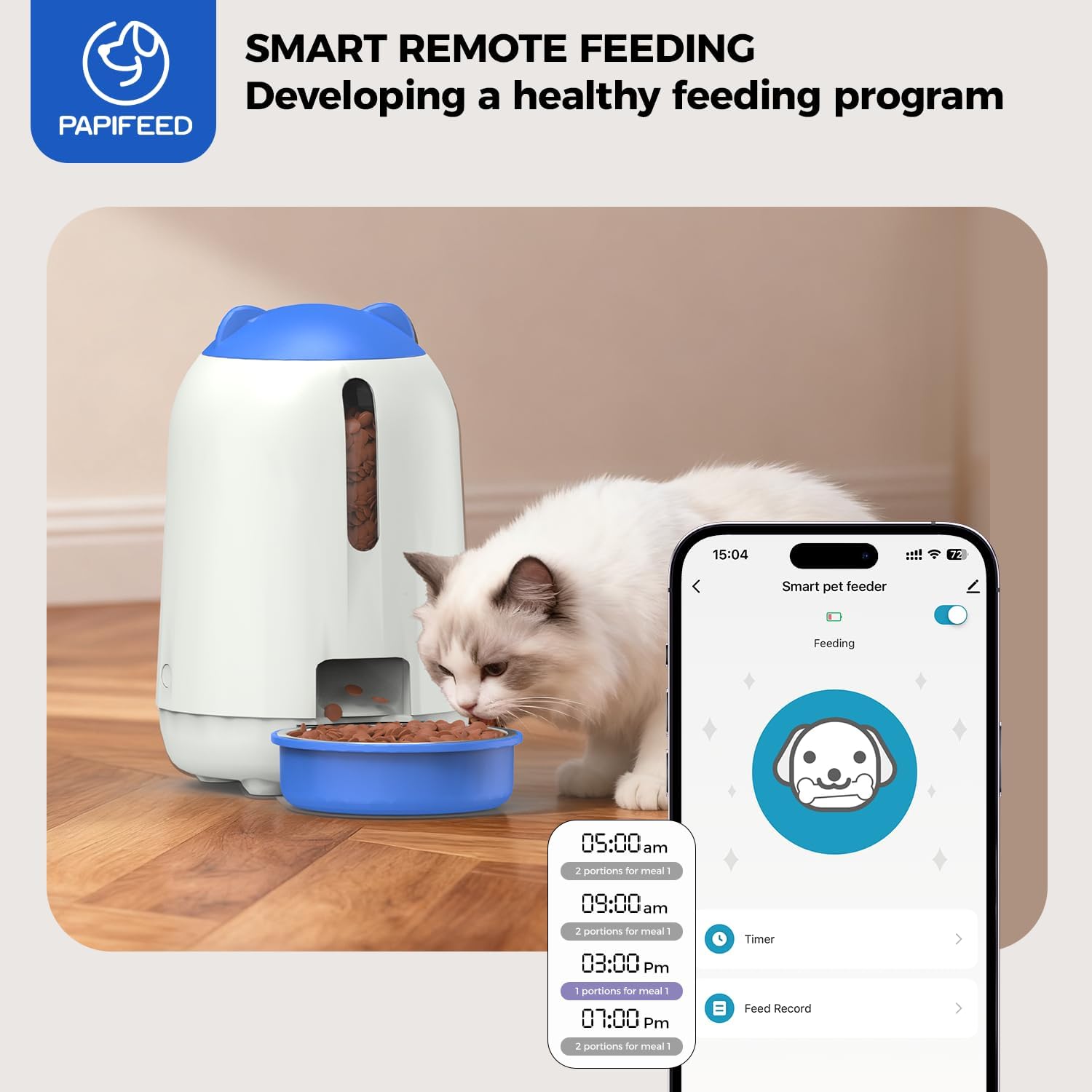 PAPIFEED Automatic Cat Feeder with a cat eating from the bowl and a smartphone displaying a feeding schedule.