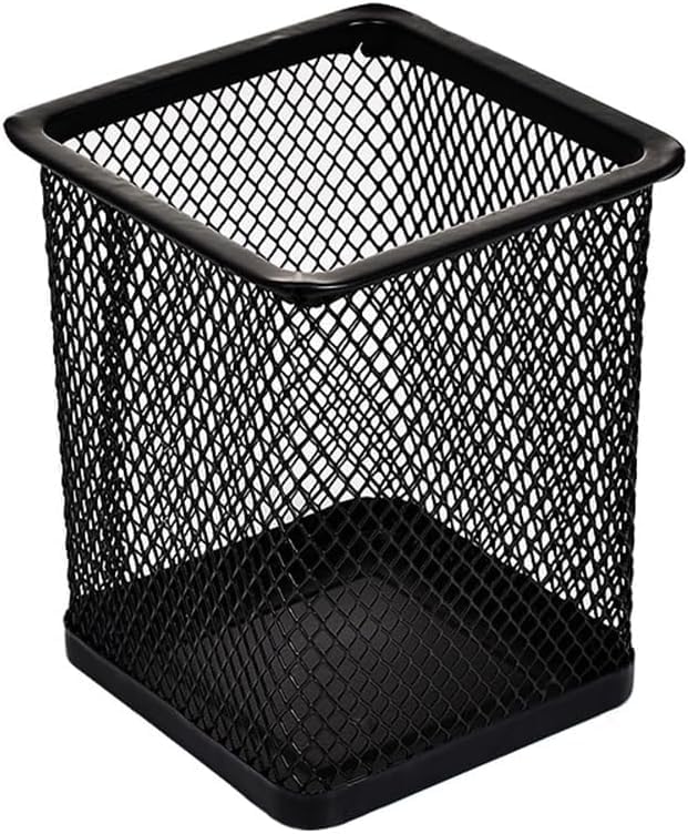 Image of Metal Mesh Pen Stand for Office & Home Desk | Black Stationery Holder Organizer for Pens, Pencils, Markers, Makeup Brushes | Durable Round Wire Mesh Pen Stand (Pack of 1) (Square Black)