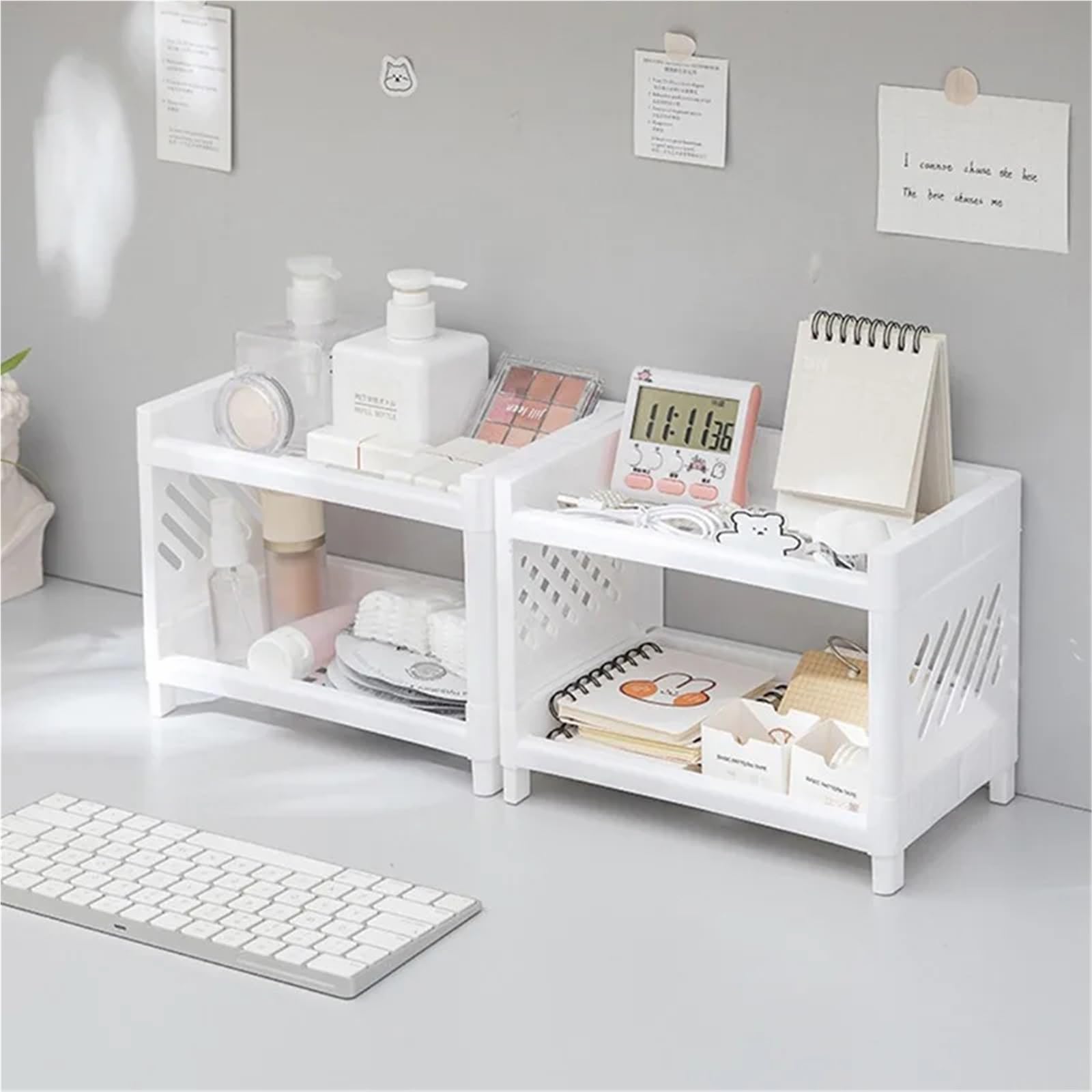 organisateur bureau Desktop Double-layer Plastic Storage Rack Office Stationery And Cosmetics Box Kitchen Bathroom(White 3pcs)