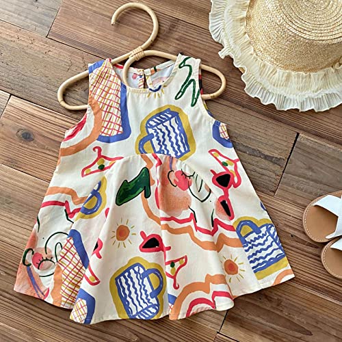 KAGAYD Girls Party Dress Kid's Girls Cotton Blend Dress Sleeveless Summer Colorful Doodle Dresses A Line Dress for 0 to 62