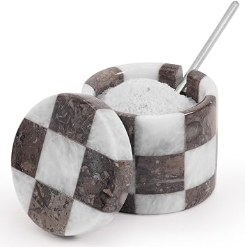 Marble Salt Cellar 3" White and Oceanic Sugar Salt Pepper Containers for Kitchen Storage, Stone Salt Holder with Lid and Spoon for Countertop, Seasoning and Spice Storage Jar