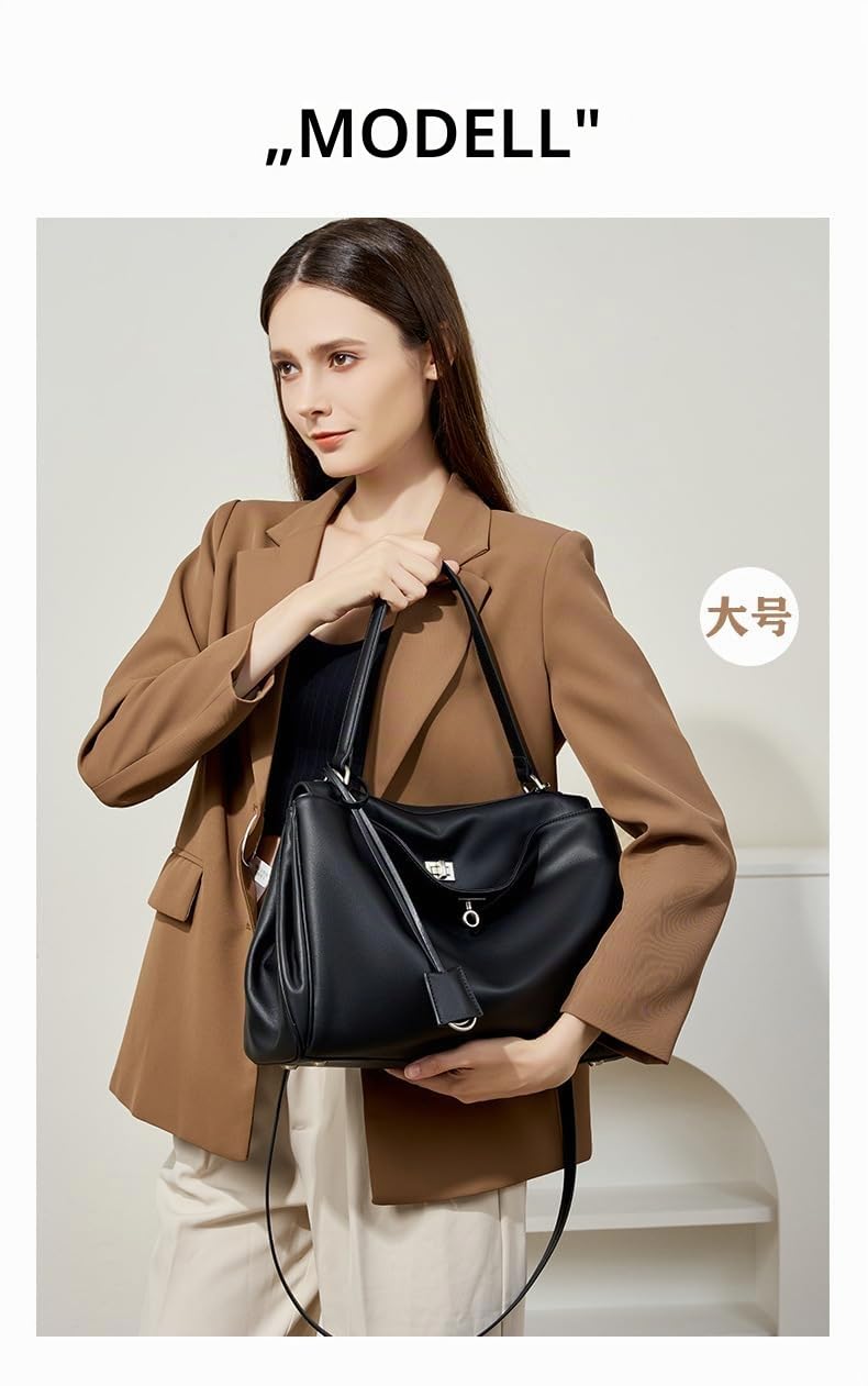 Damen Tote Bag Große Kapazität Glatt Rindsleder Schultertasche Lock Pendler Achseltasche Schwarz