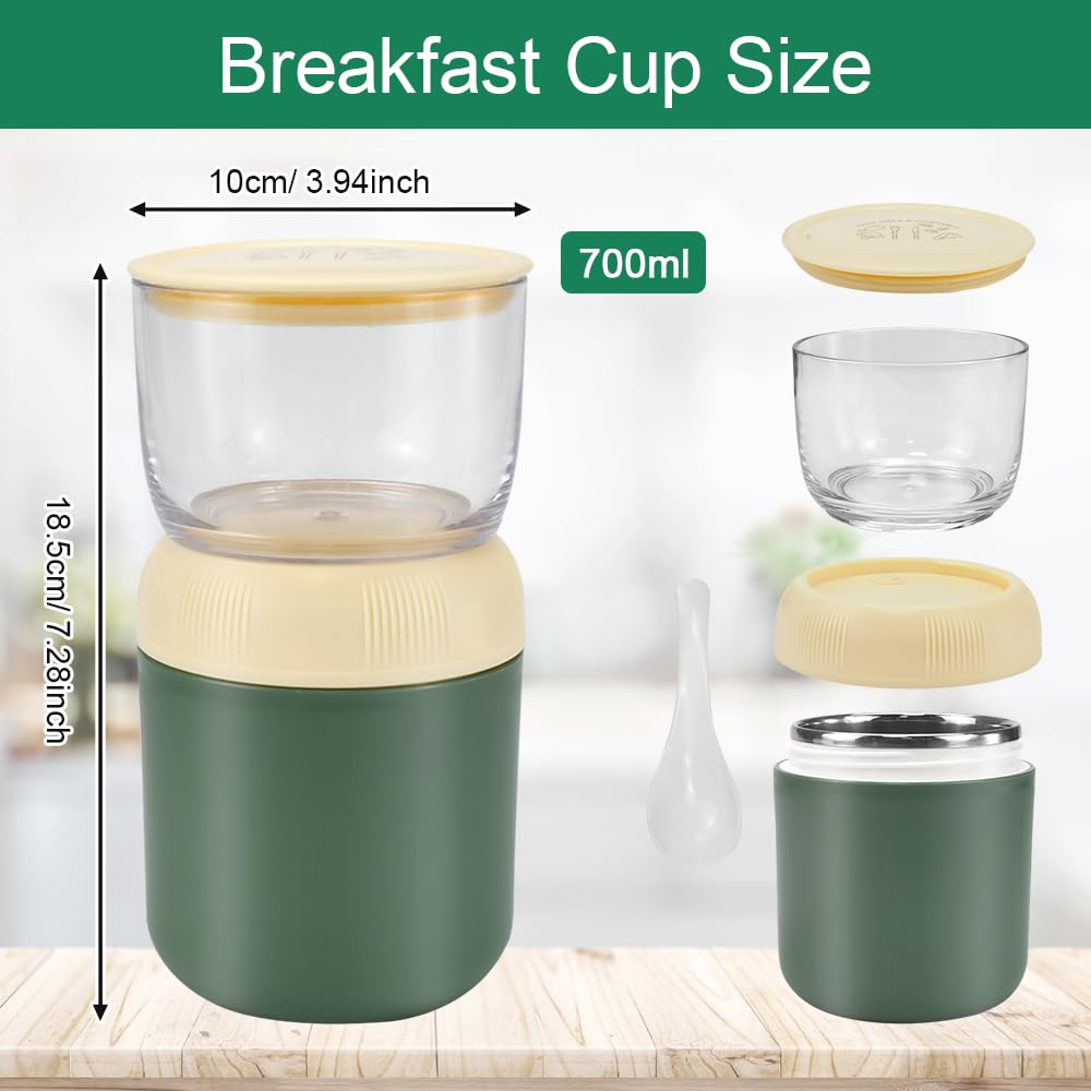 HEKOBAG Taza de Cereales para Llevar 300+400ml, Porta Yogurt y Cereales con Cuchara, 2 en 1 Taza para Llevar de Acero Inoxidable con Doble Compartimento Antiderrame para Escuela Oficina Viaje Sin BPA