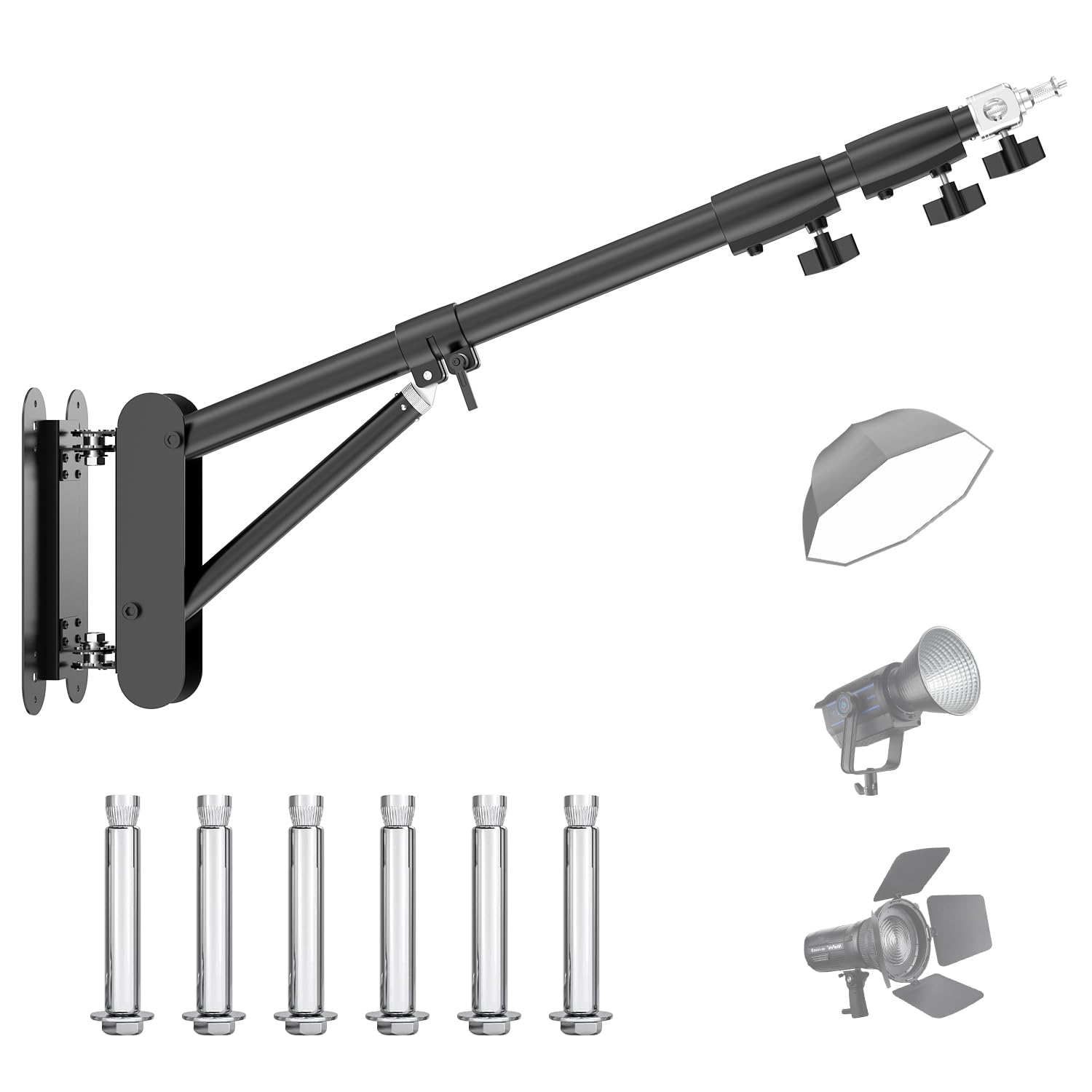 Wall Mount Boom Arm with Triangle Base, Max Length 5.9ft Adjustable Camera Mount Up to 180cm for Photography Studio Video Strobe Flash, Ring Light, Softbox, Umbrella Reflector