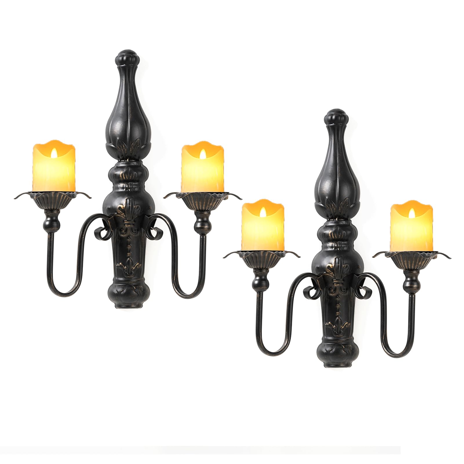 Candle Wall Sconces Set of 2,Vintage Wall Mounted Candle Holders,2 Arms Black Cast Iron Candelabras, Gothic Decor for Living Rooms Hallways Entryways Bedroom