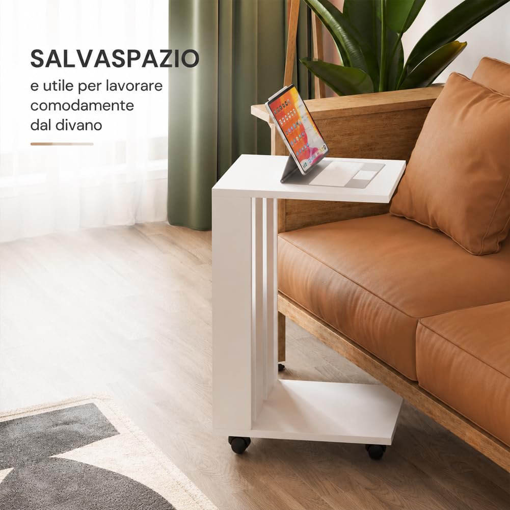 Shally Dogan Tavolino Ausiliario per Divano e Letto con Ruote, Tavolo da Caffè Mobile Design Moderno, Supporto Ideale per Arredare Casa, Ufficio, Struttura in Legno, 37.5 x 45 x 60H cm (Bianco)