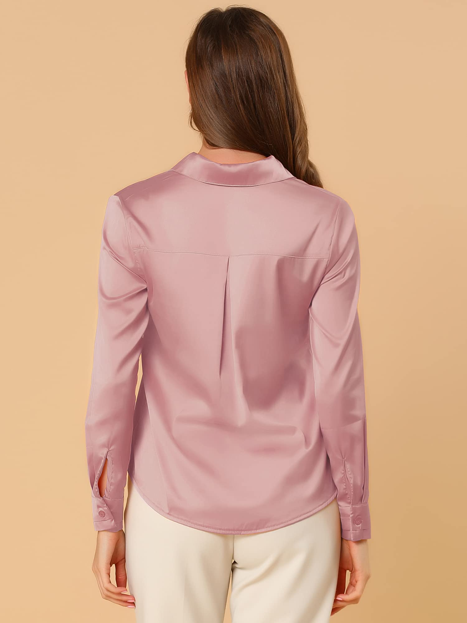 Allegra K Damen Satin Bluse Langarm Hemdkragen V-Ausschnitt Shirt Elegant Top