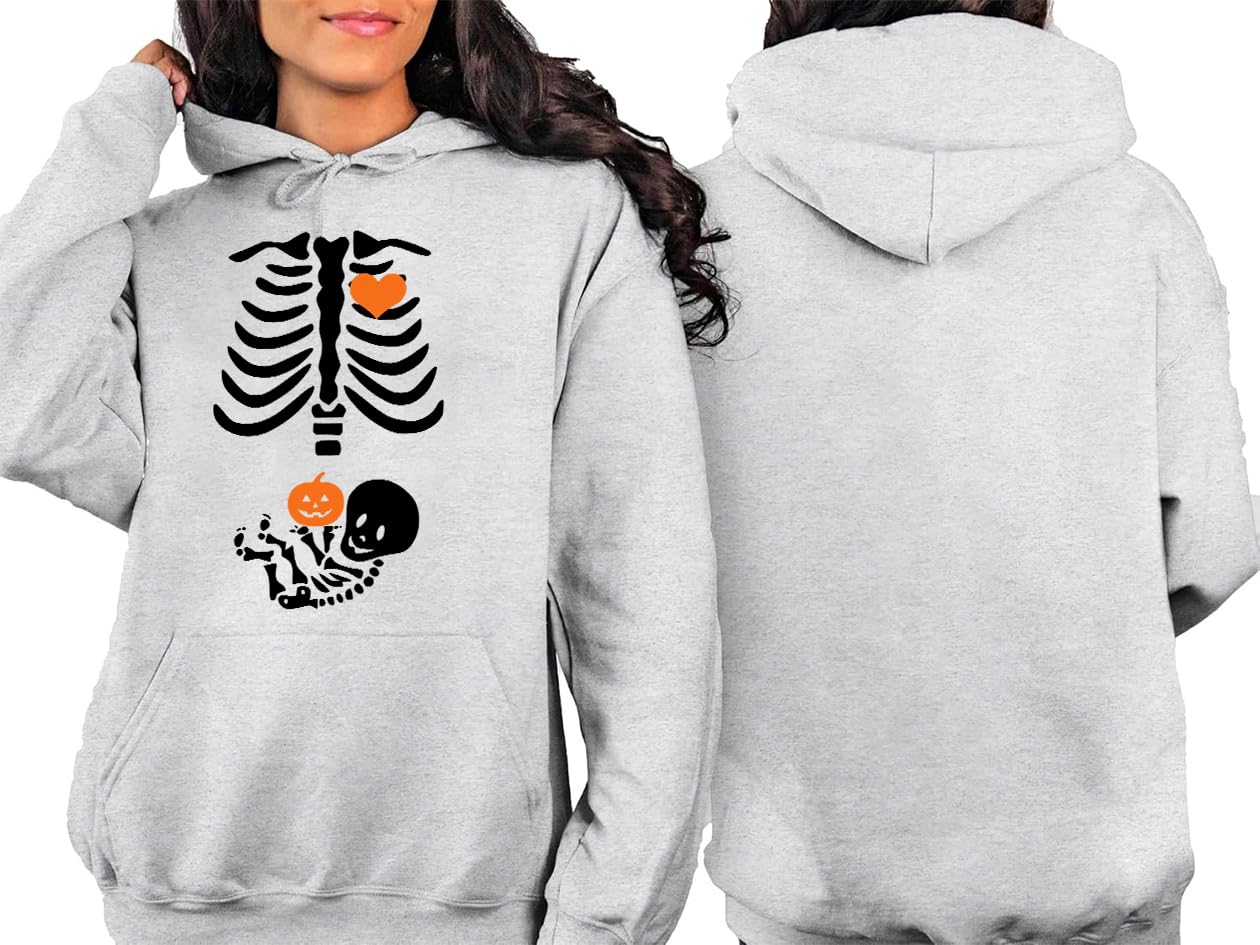 Sudadera de maternidad con diseño de esqueleto para Halloween, divertida sudadera con capucha para anuncio de embarazo