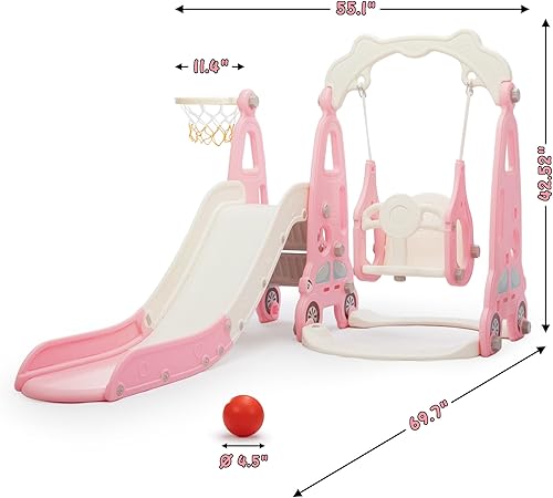 Miniatura 4 de Juego de columpio escalador de tobogán 4 en 1, juego independiente de escalador de tobogán para niños pequeños con aro de baloncesto, patio de