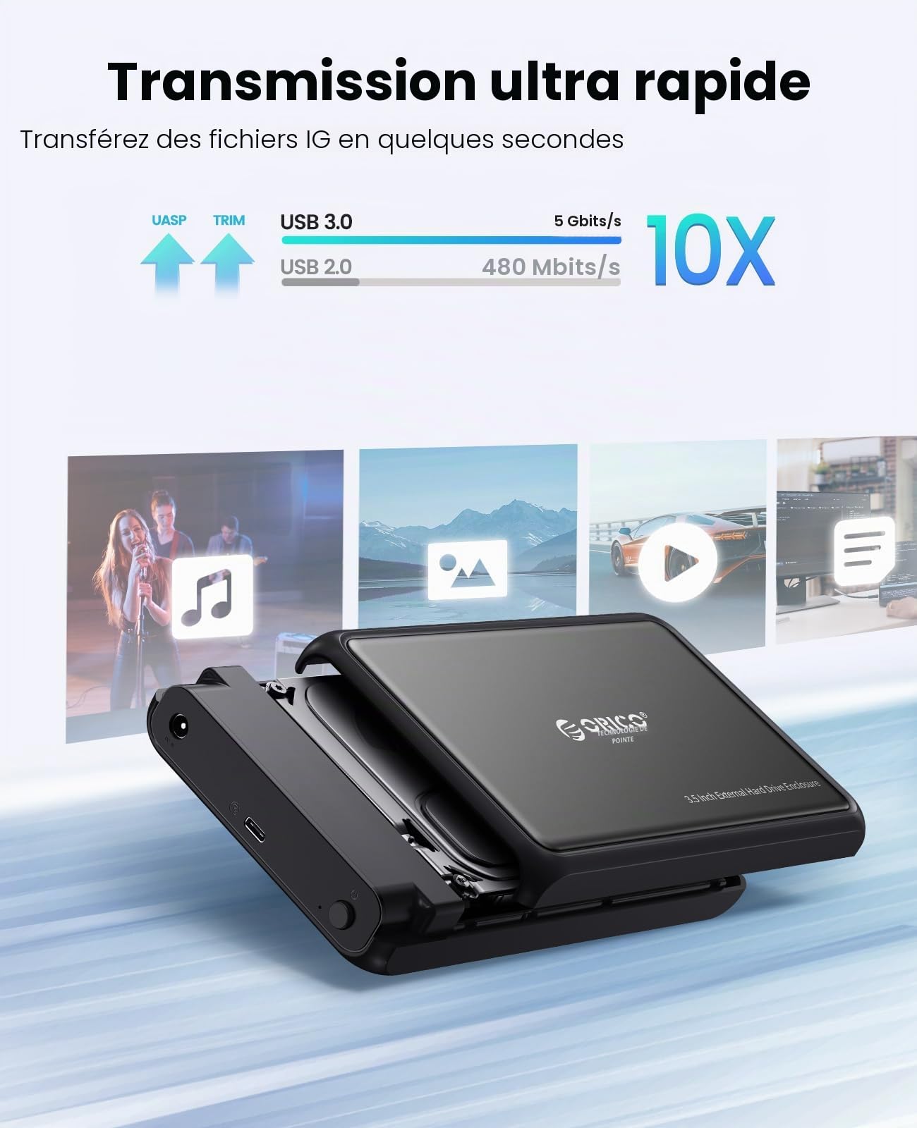 ORICO USB C Boîtier Disque Dur 3,5 Pouces Externe USB 3.0 vers SATA Disque Dur 3,5 2,5 Pouces HDD SSD Supporte UASP 5Gbps jusqu'à 20 to, Alimentation 12V / 2A Inclus (Métal + ABS-Noir-DDL35C3)