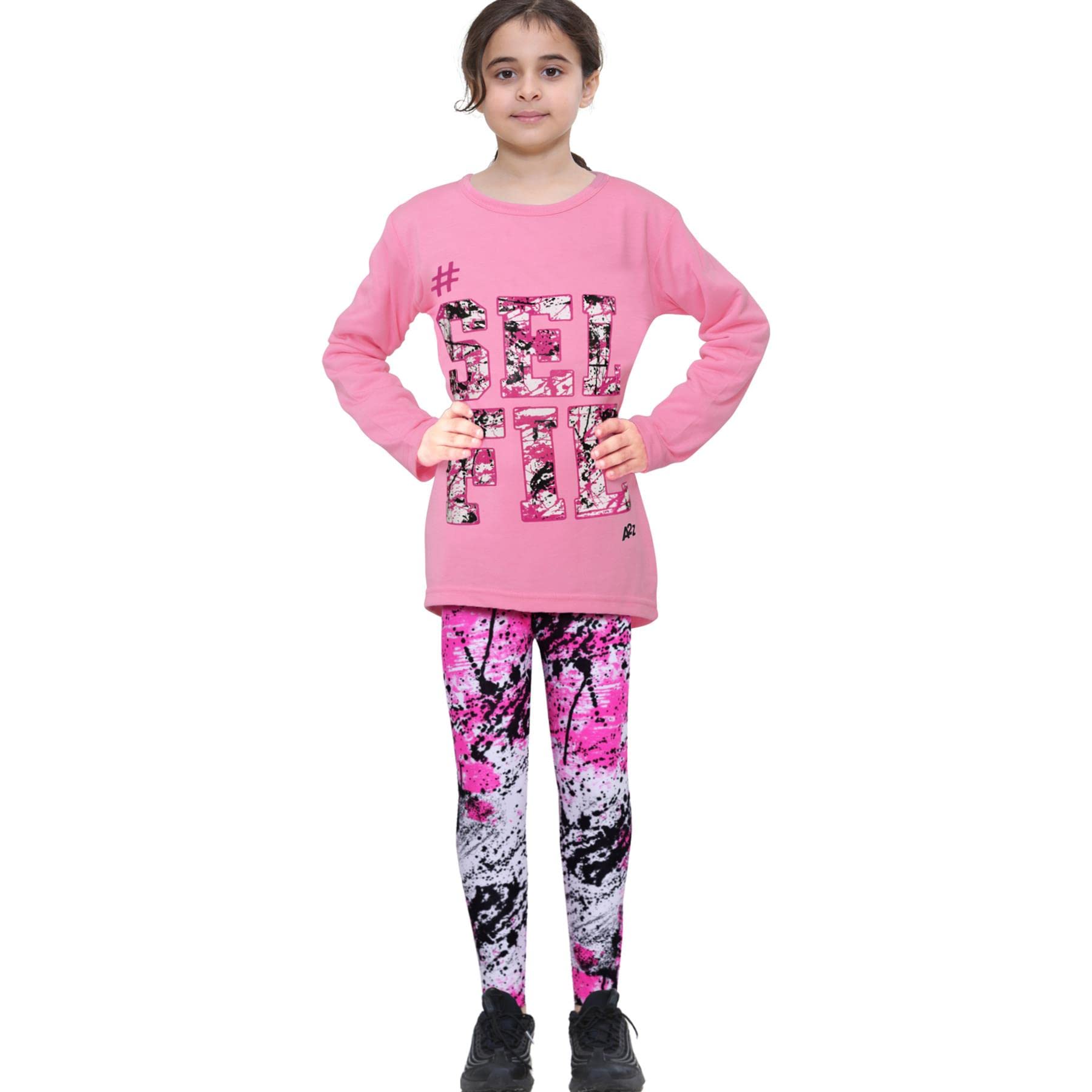 A2Z 4 Kids Girls Top Kids SELFIE Splash Print T Shirt And Legging Set - Selfie Splash Set Baby Pink L.S_13