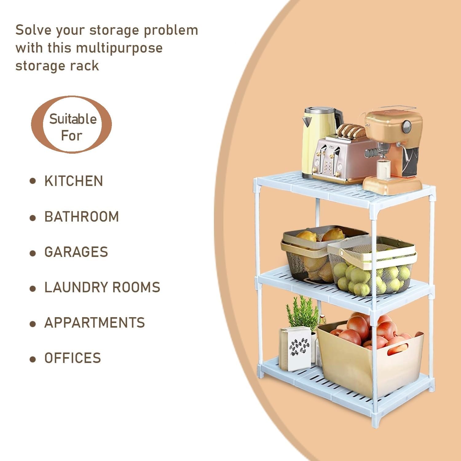 Lukzer 3-Layer Multi-Utility Rack (White) – Freestanding Plastic & Metal Shelf Organizer for Kitchen, Bathroom, Living Room, Pantry & Home Storage – Rust-Free, Waterproof, Durable CH-125 2