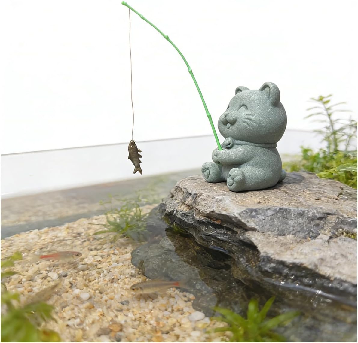 Animal Fishing Statue Sandstone Sitting Fisherman Figurines, Fishing Cat
