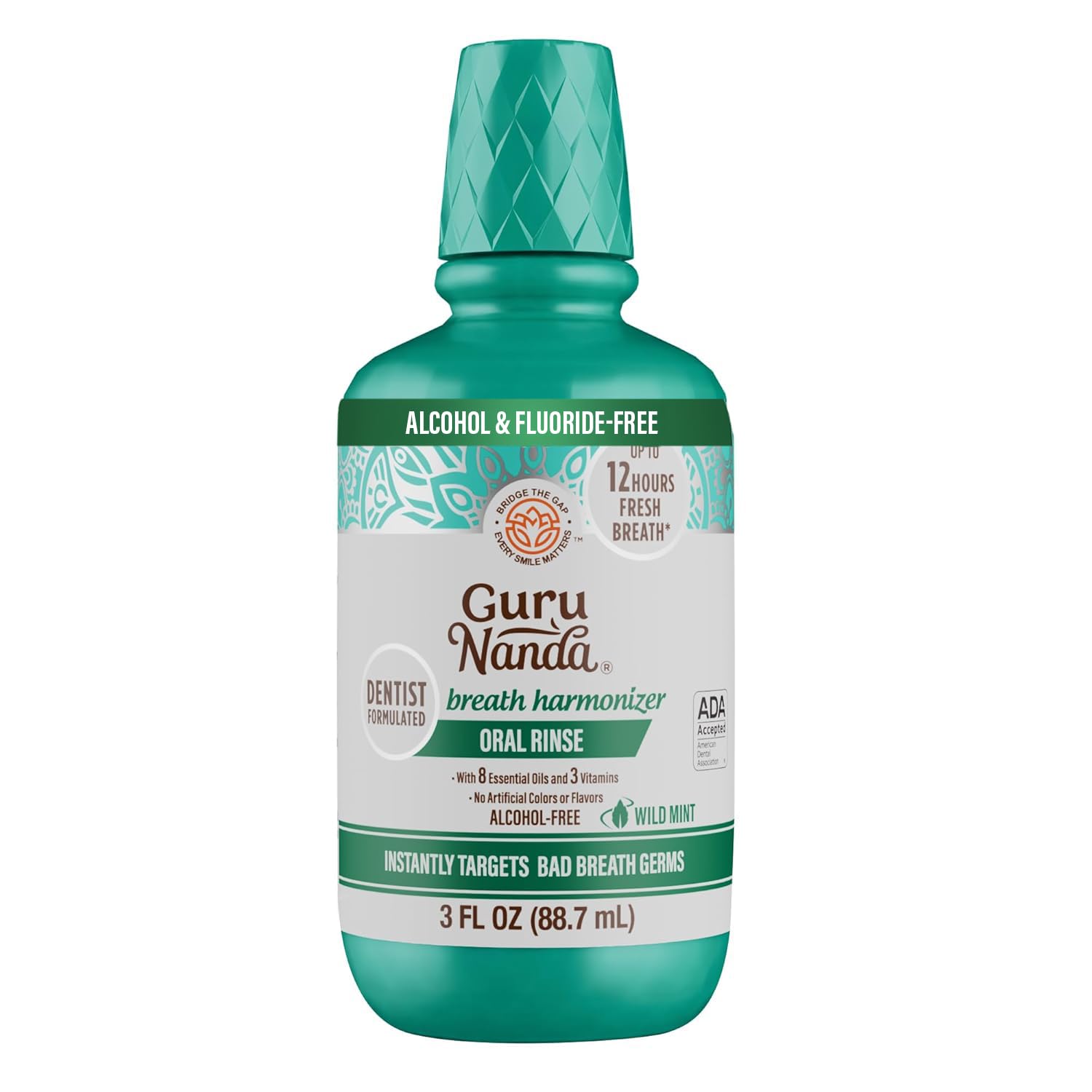 GuruNanda Fresh Breath Mouthwash, ADA-Accepted, Alcohol & Fluoride-Free, Sodium Chlorite, Essential Oils & Vitamins, 12-Hrs Fresh Breath, Wild Mint, 3 oz
