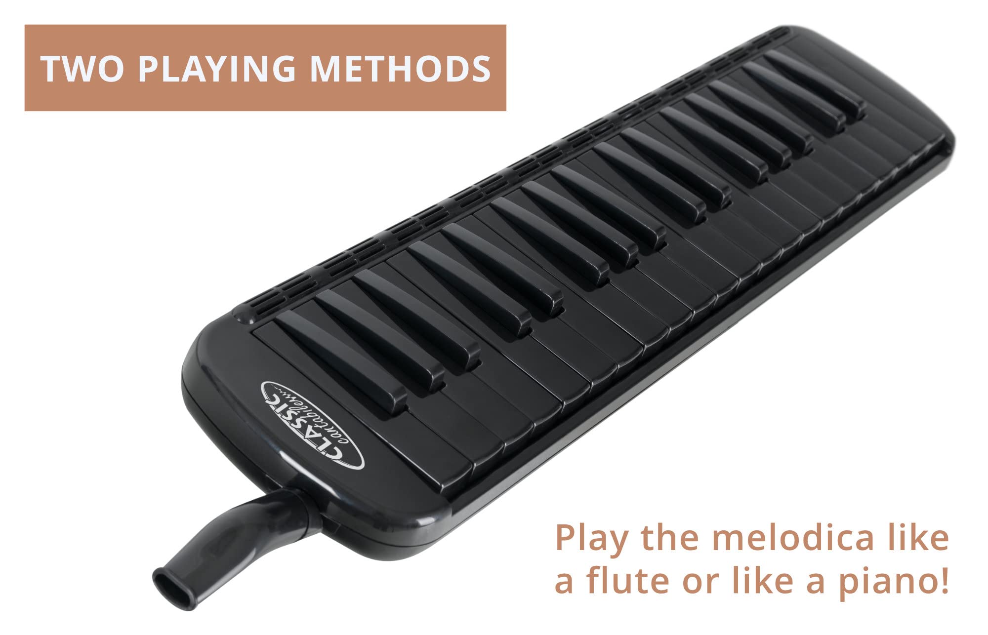 Classic Cantabile PML-37 BK Mélodica - Harmonica à vent avec 37 touches noires - Étendue : f - f³ - Avec étui, embout buccal et tuyau d'embouchure - Noir