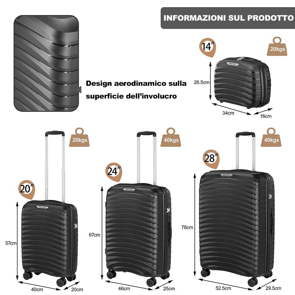 Set 4 Valigie Rigide con Beauty Case in Polipropilene Ultra Resistente agli Urti, Trolley Manico Telescopico e Ruote Easy Roll, Serratura Codice Rinforzata e Design Moderno (Nero)