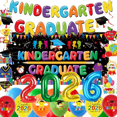 Kindergarten Graduation Party Decorations Include Banner Hanging Swirls Backdrop and Latex Balloon for Kindergarten Graduation Party Supplise.