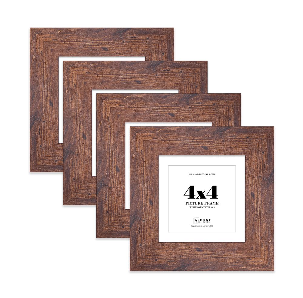 4x4 Rustic Wood Square Frame With Mount for 3x3 Pictures 28mm Edge Frame Display with Wall Hooks and Kickstand, 4 Pack