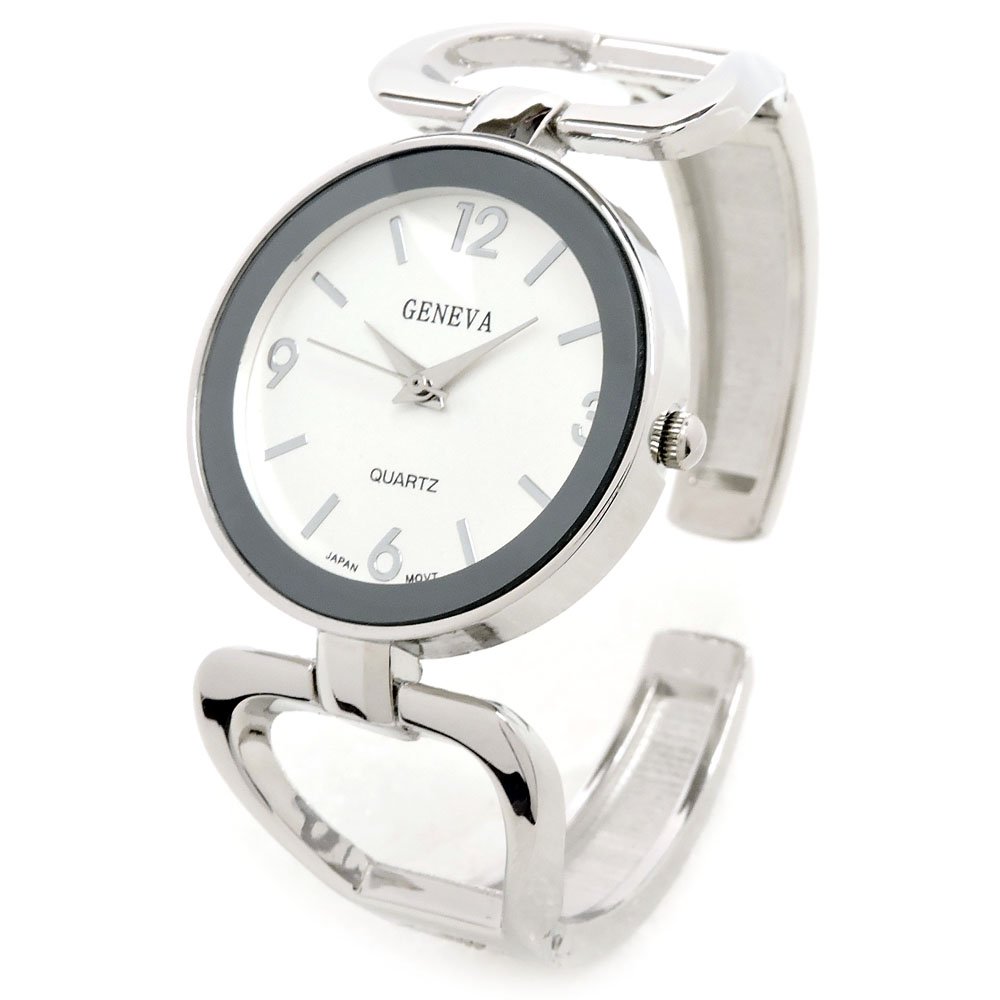 Geneva Silver Tone Metal Large Face Women's Bangle Cuff Watch