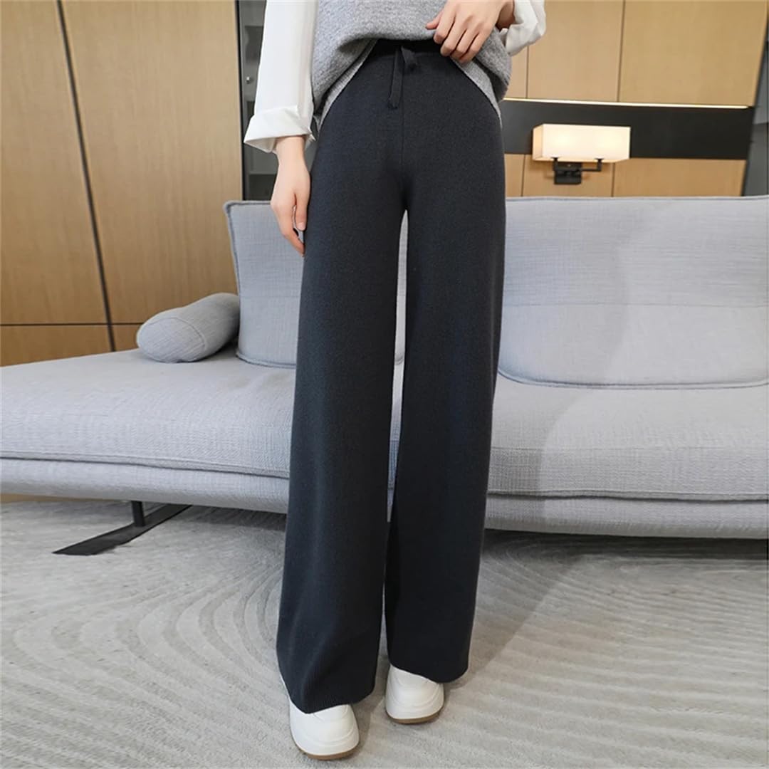 Pantaloni invernali da donna in lana lavorata a maglia, a gamba larga, a vita alta e pantaloni larghi in lana, Beige, M