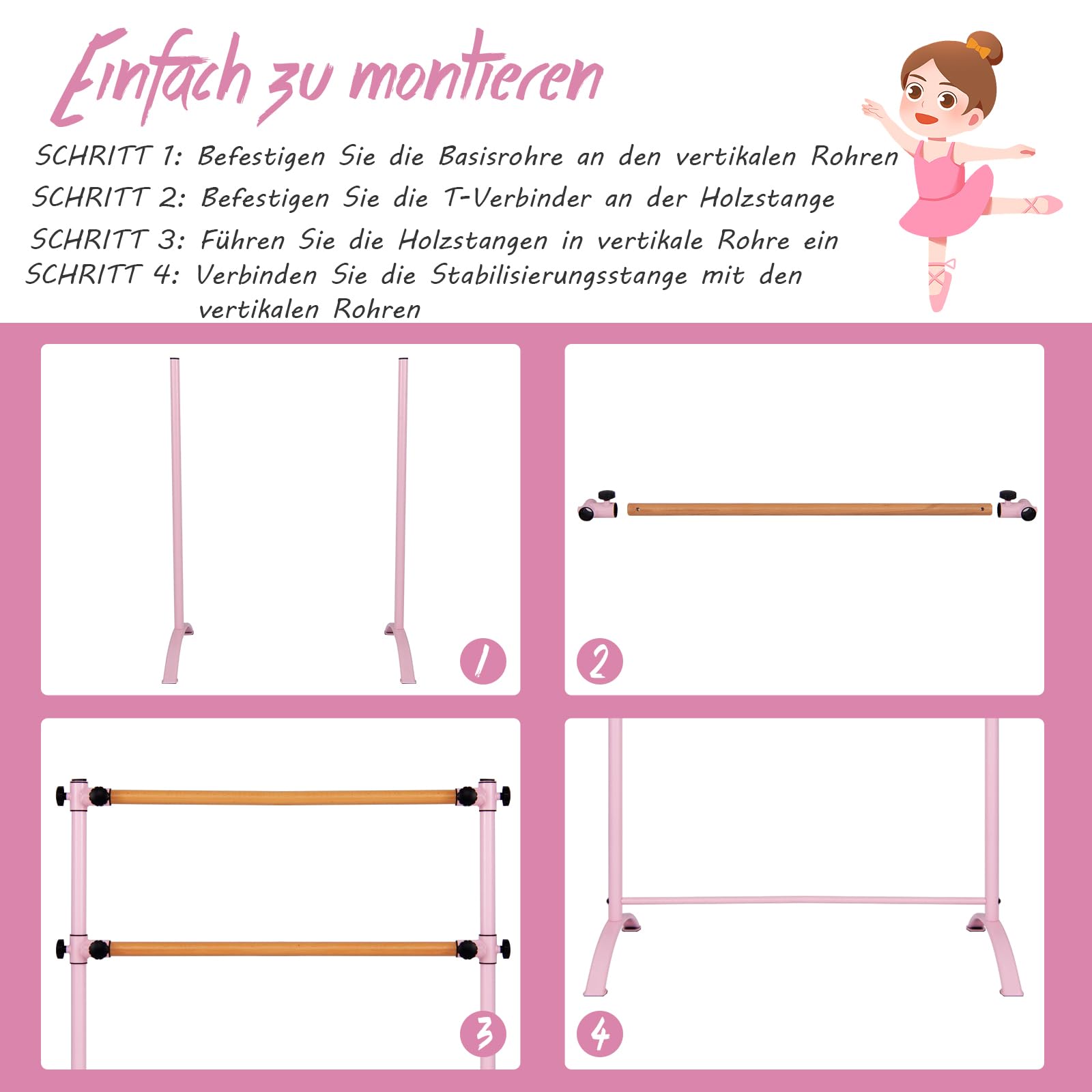 COSTWAY 120cm Ballettstange freistehend, Ballet Bar 4 stufig höhenverstellbar, Ballett Barre mit 2 Holzstangen, Stretch Barre bis 50KG belastbar, ideal für Kinder und Erwachsene