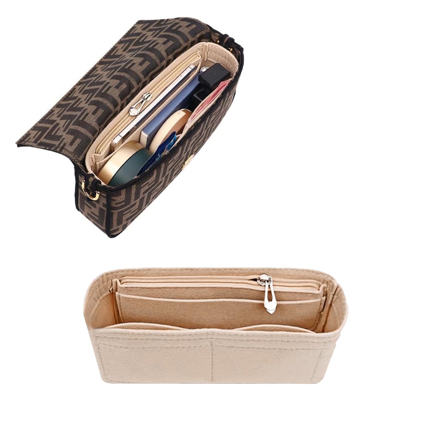 Chispee Purse Organizer Insert Felt Bag Organizer with Zipper for Baguette Small Purse Organizer Insert Handbags Organizer for Women Bag (Small, Beige