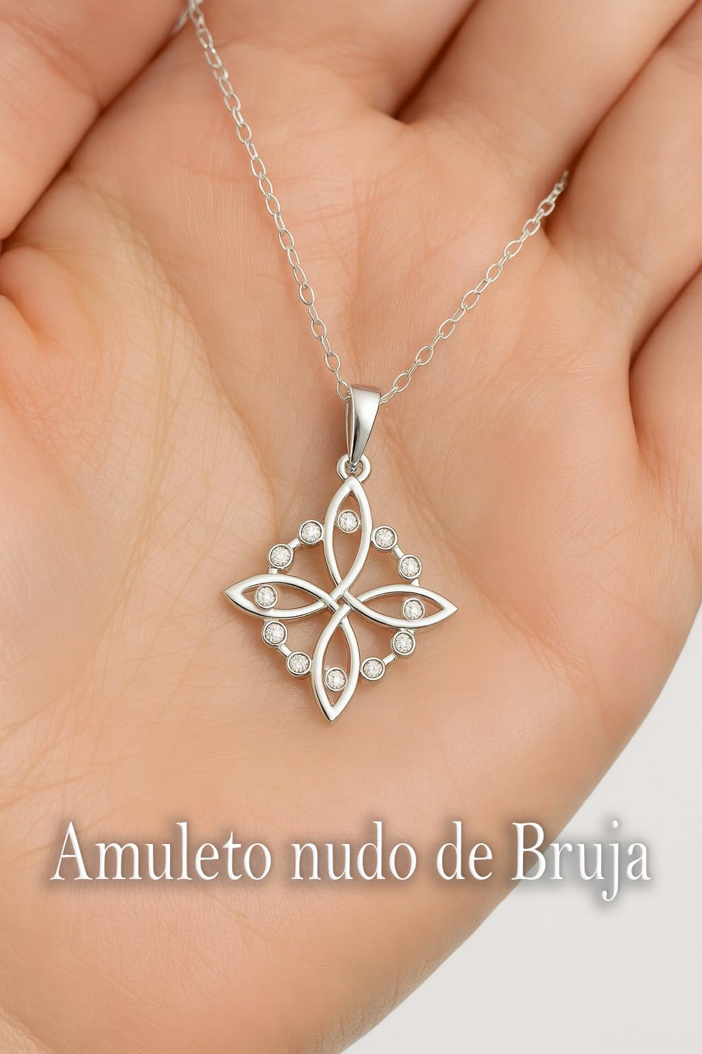 Ekonat- Colgante Nudo de Bruja Plata de Ley 925 para Mujer – Amuleto de Protección Celta con Piedras Blancas – Collar Elegante Regalo Espiritual