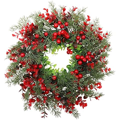 GALPADA Christmas Decor Christmas Red Berry Wreath Decor Artificial Pine Holly Berry Wreath Xmas Door Wreath Hanging Garland for Xmas Holiday Home Farmhouse Wall Decor Outdoor Decor Cover