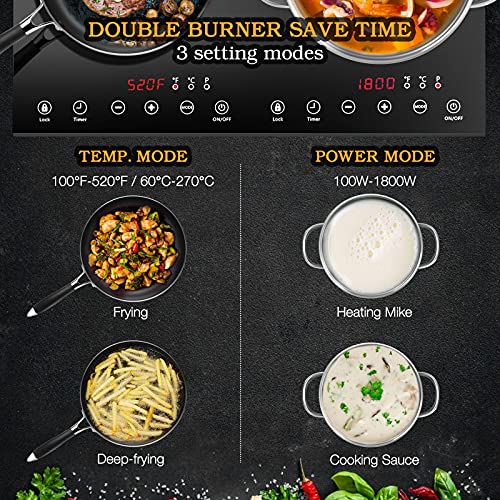 Double Induction Cooktop, 1800W Electric Cooktop with 2 Burner, Portable Countertop Burner with LED Sensor Touch Screen, 17 Power Levels 21 Temperature Setting Child Safety Lock, 3 Hours Timer - Image 4