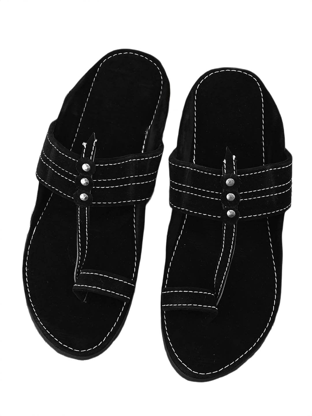 Anjaneya Creations Men's Black Sandal Velvet Kholapuri Chappal Toe-Ring Style Studded Strap Detail Contrast Stitching Black Sole-image-5