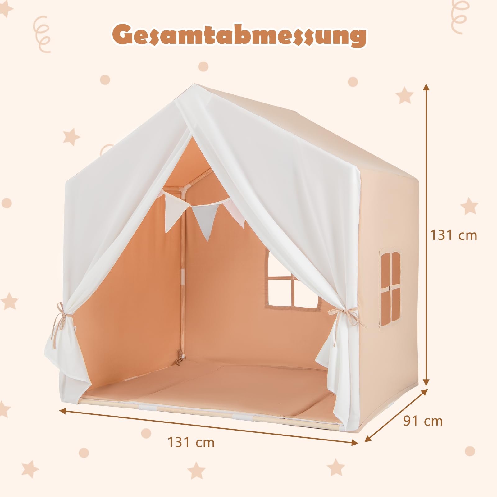 COSTWAY Kinderzelt mit Fenster & Matte & Holzrahmen, Kinder Spielhaus mit Vorhang & bunten Flaggen, Prinzessin Spielzelt für drinnen & draußen, Kinderspielhaus Kinderspielzelt für Jungen und Märchen