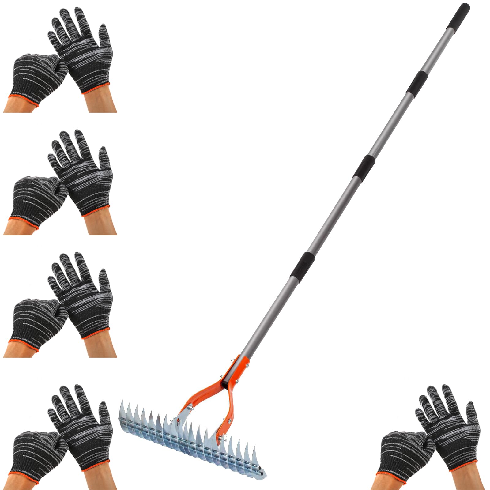 Rastrello scarificatore manuale da 37 cm, con manico regolabile e testa in metallo, perfetto per la cura del prato, la manutenzione del giardino e l'aerazione del cortile