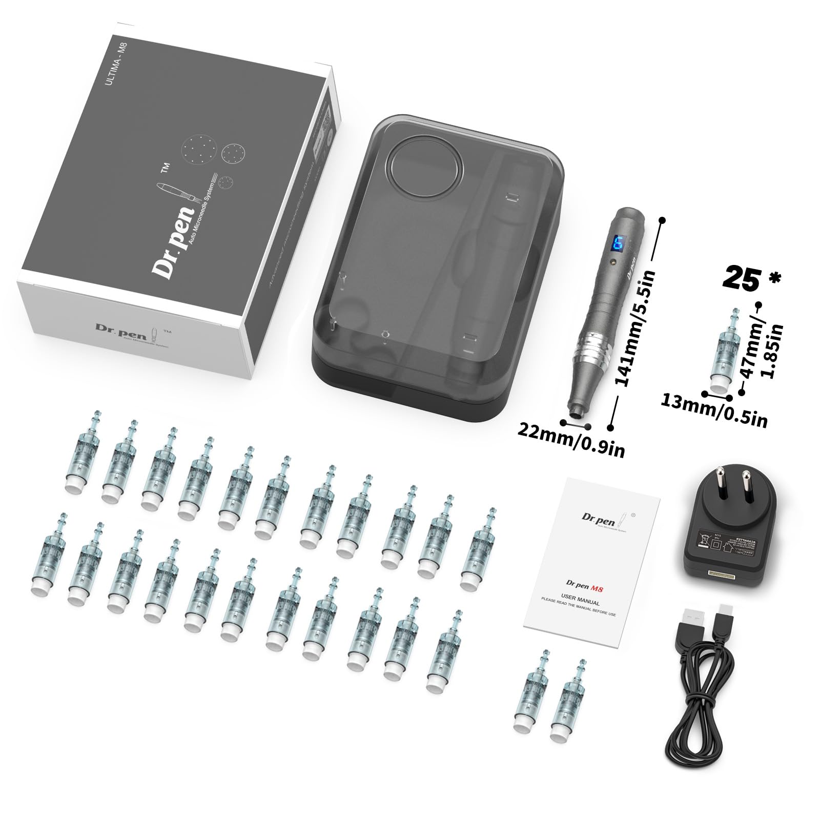 Dr. Pen M8S Microneedling Pen Professionale Wireless, Dermapen Elettrico Senza Fili con 25 Cartucce Aghi Originali, 6 Velocità Regolabili e Display LED, Trattamento Pelle Viso, Capelli e Corpo