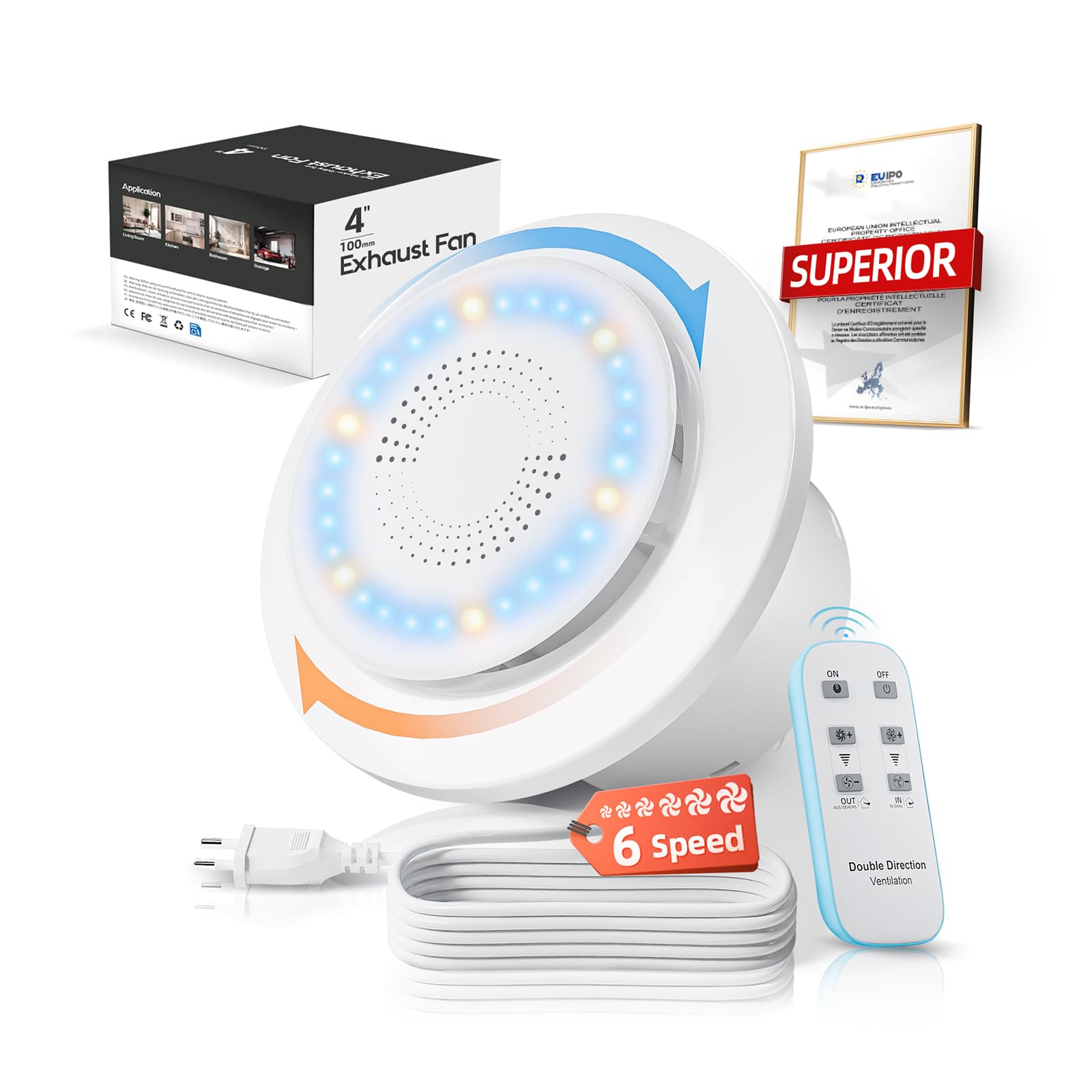 Extractor de Baño de 100 mm, 3000RPM 220m³/h, 2 Dir 6 Velocidades con Luz Indicadora+Control Remoto Flujo de Aire Potente Motor CD 2W Fácil Instalación Fácil Instalar para Baño Lavandería GarajeP106E2