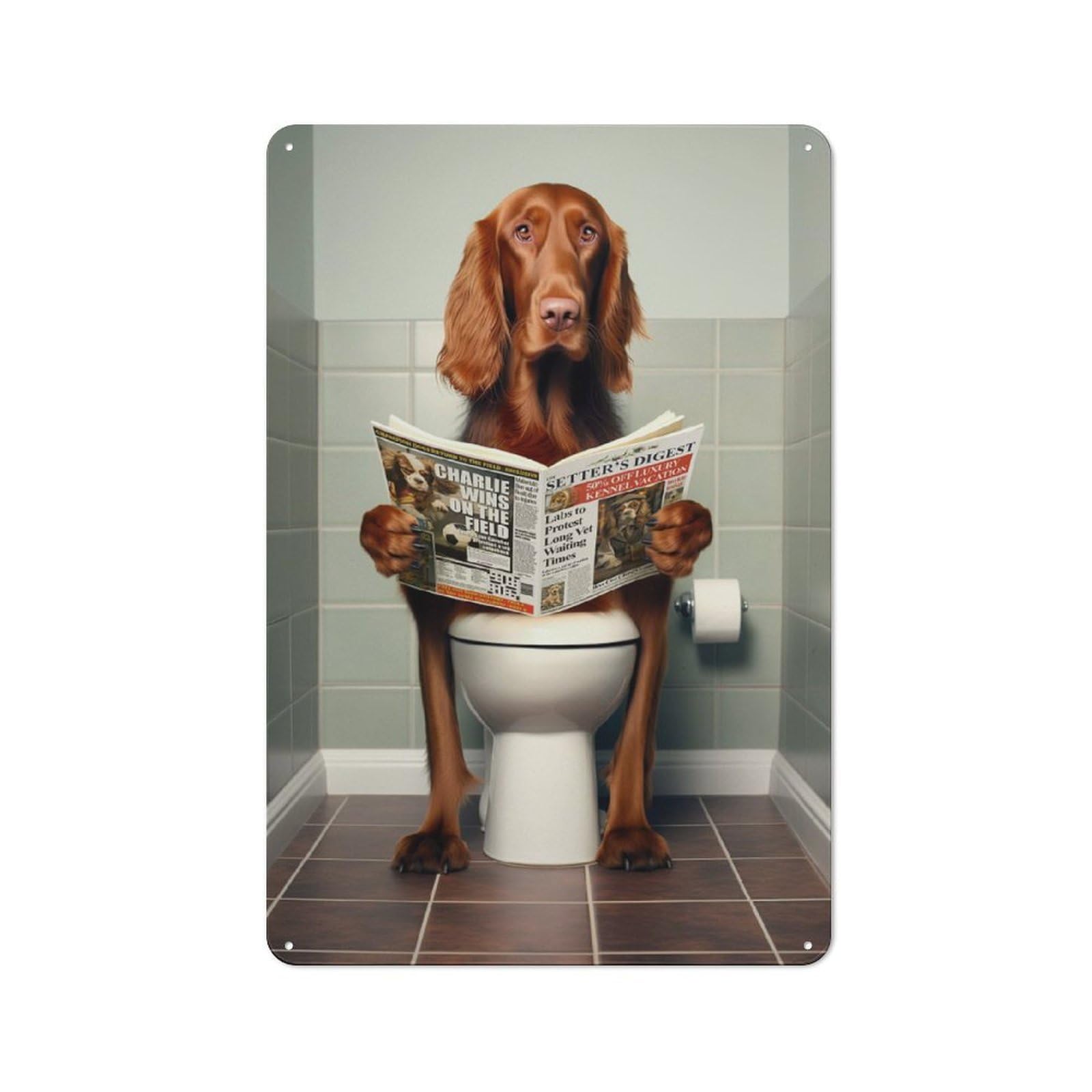 Metal Wall Sign 30x20cm Featuring Irish Setter on The Toilet for Garage Wall, A Housewarming Gift for People Furnishing A Garage