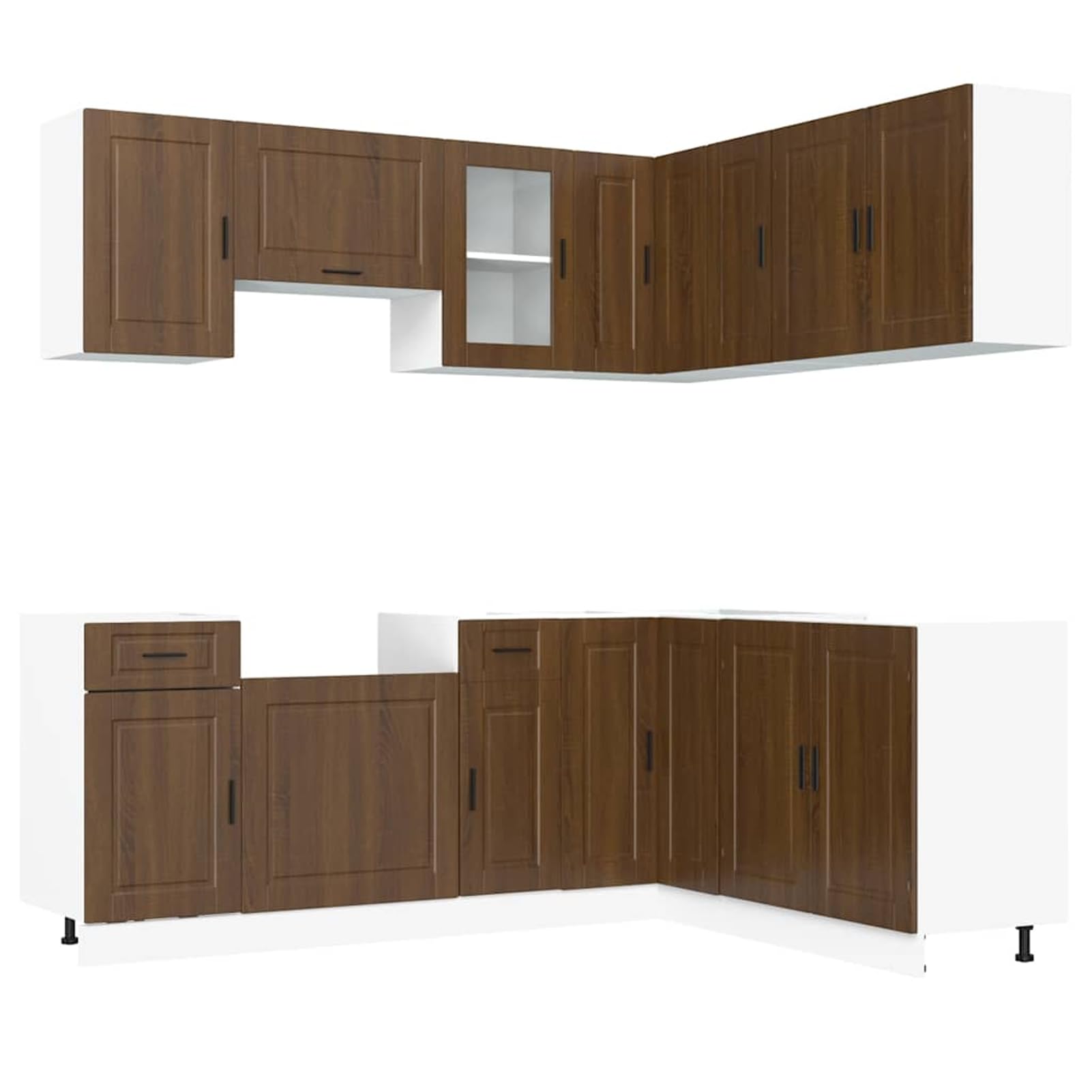 Homgoday Porto Küchenzeile 11-teilig mit Spüle & H?ngeschr?nken, Braun Eichen-Optik, Holzwerkstoff & Glas, 80-80 cm (B x H) Model3314968