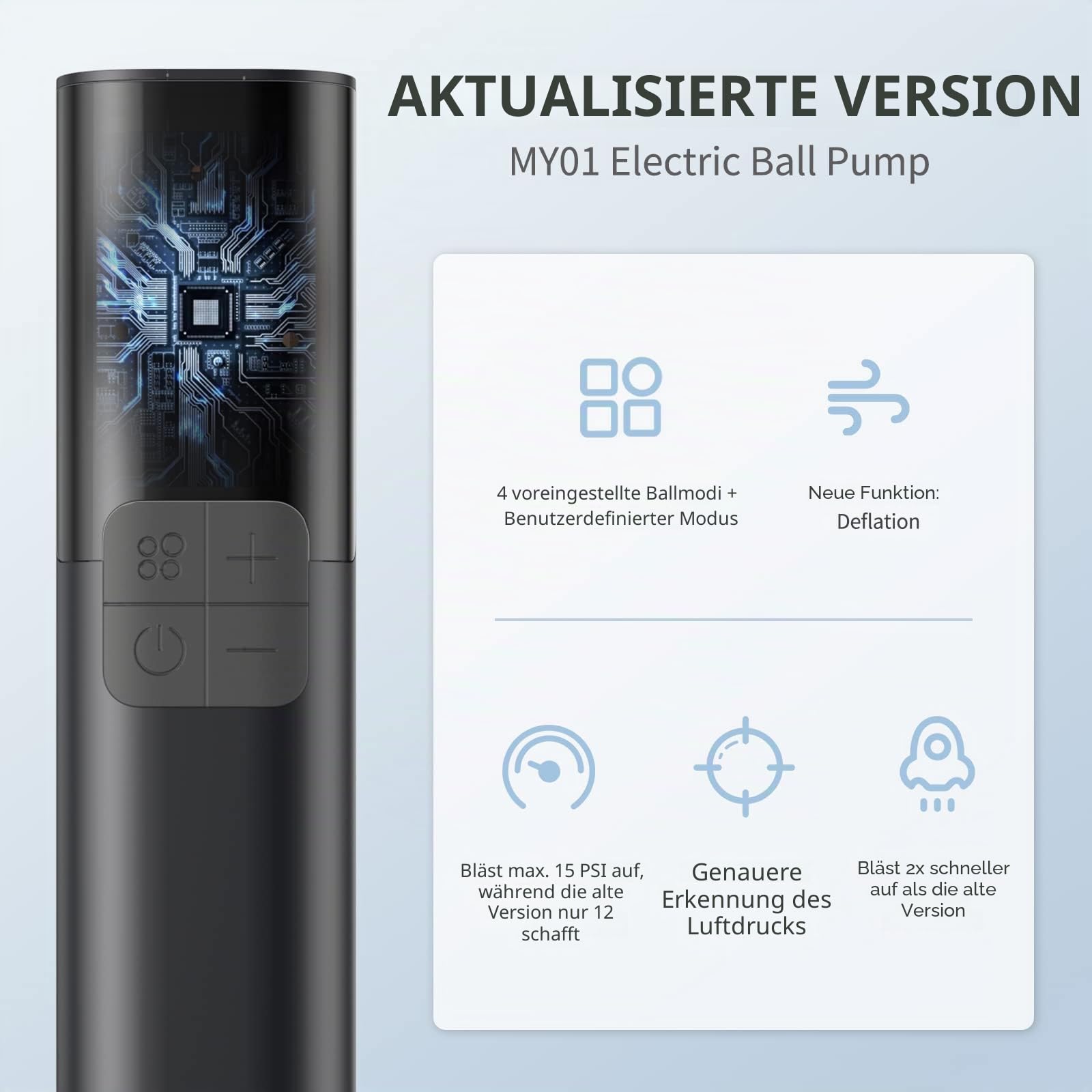 Pumteck MY01 Elektrische Ballpumpe mit Aufblasen & Luftablassung, Genaues Manometer und 4 voreingestellte Modi, Automatische Ballpumpe für Basketball, Fußball, Fußball und Volleyball (Max 15 PSI)