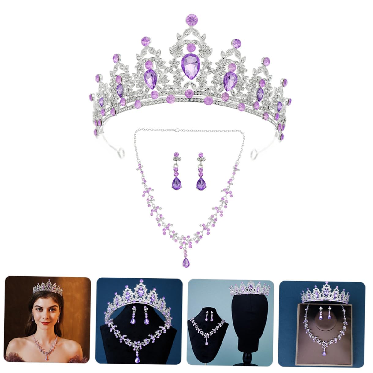 VALICLUD Conjunto de Joyas de Novia Collar Dijes para Mujer Pendientes Colgantes de Gemas de Imitación Tiara de Joyas para Boda