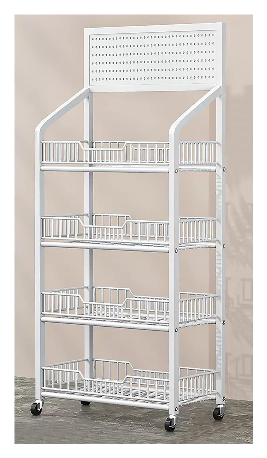 Convenience Store Shelf Cart 4 Tier, Supermarket Portable Display Rack for Snacks/Drinks/Can/Toys, with Hooks & Wheels, Commercial Home, Carbon Steel Frame (Color : White-4 Tier, Size : 60x27x140cm