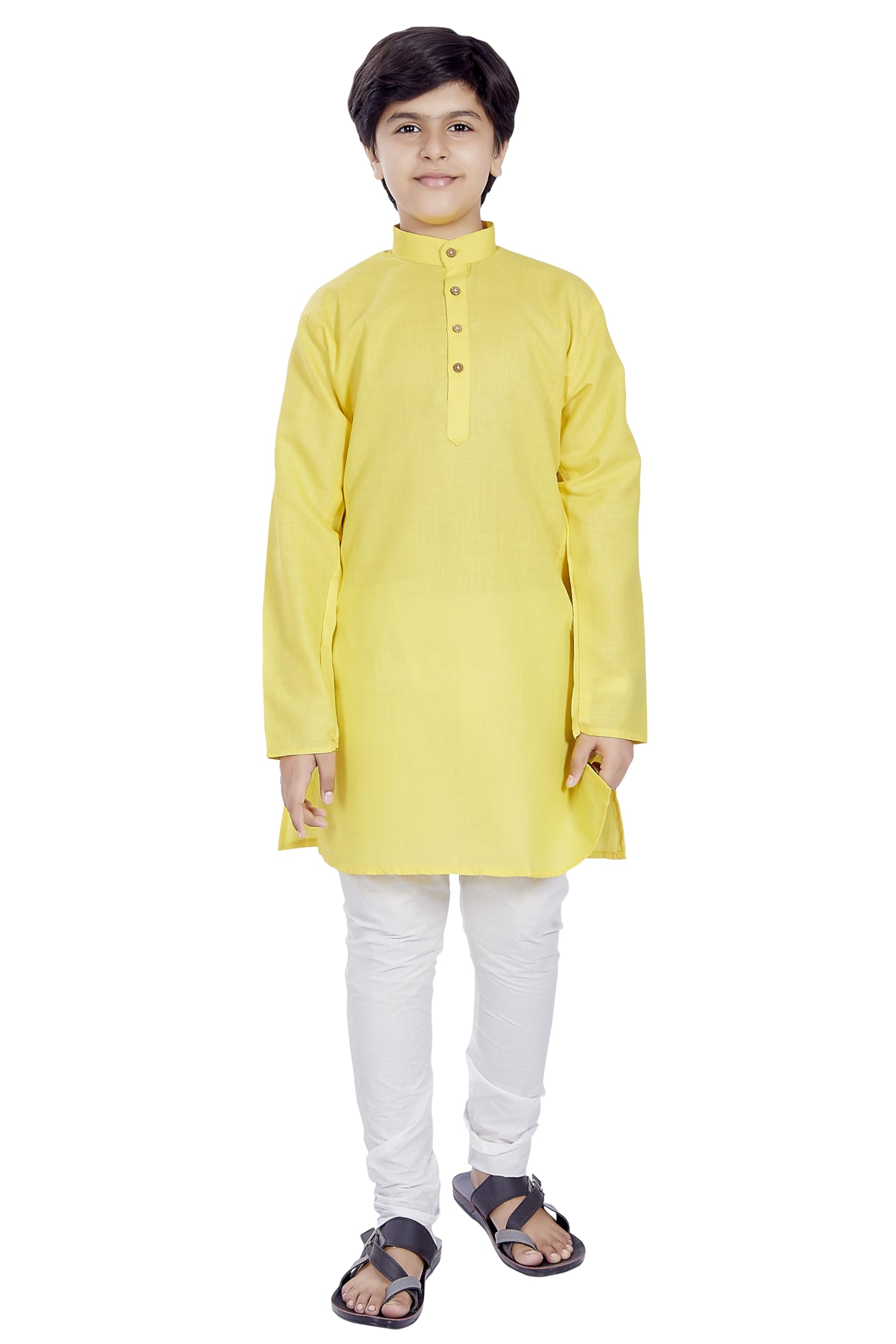 Divisive Boy's Plain Cotton Blend Ethnic Kurta Pyjama Set (Dkd2_24_Yellow)