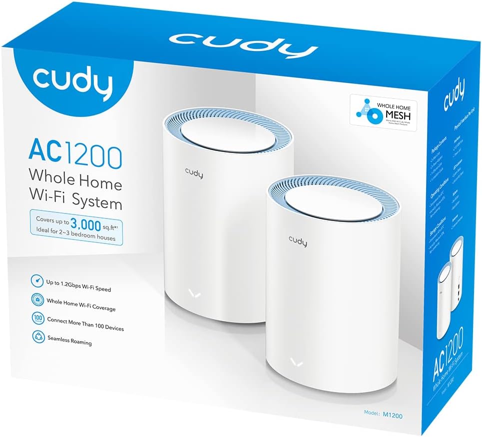 Cudy M1200 2-Pack AC1200 Whole Home Mesh WiFi System, AC1200 Dual Band WiFi Router, Range Extender, VPN, Ipv6, Ddns