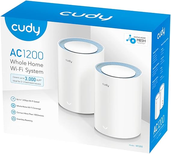 Cudy M1200 2-Pack AC1200 Whole Home Mesh WiFi System, AC1200 Dual Band WiFi Router, Range Extender, VPN, Ipv6, Ddns | 867+300 Mbps Dual-Band Wi-Fi 5, 2x 100M Ports, 50+ Clients, Seamless Mesh, WG/OVPN/IPsec VPN, Fast Roaming, Cable Incl