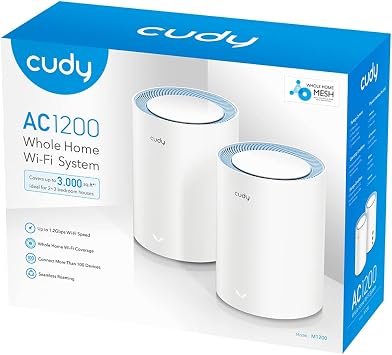 Cudy M1200 2-Pack AC1200 Whole Home Mesh WiFi System, AC1200 Dual Band WiFi Router, Range Extender, VPN, Ipv6, Ddns | 867+300 Mbps Dual-Band Wi-Fi 5, 2x 100M Ports, 50+ Clients, Seamless Mesh, WG/OVPN/IPsec VPN, Fast Roaming, Cable Incl