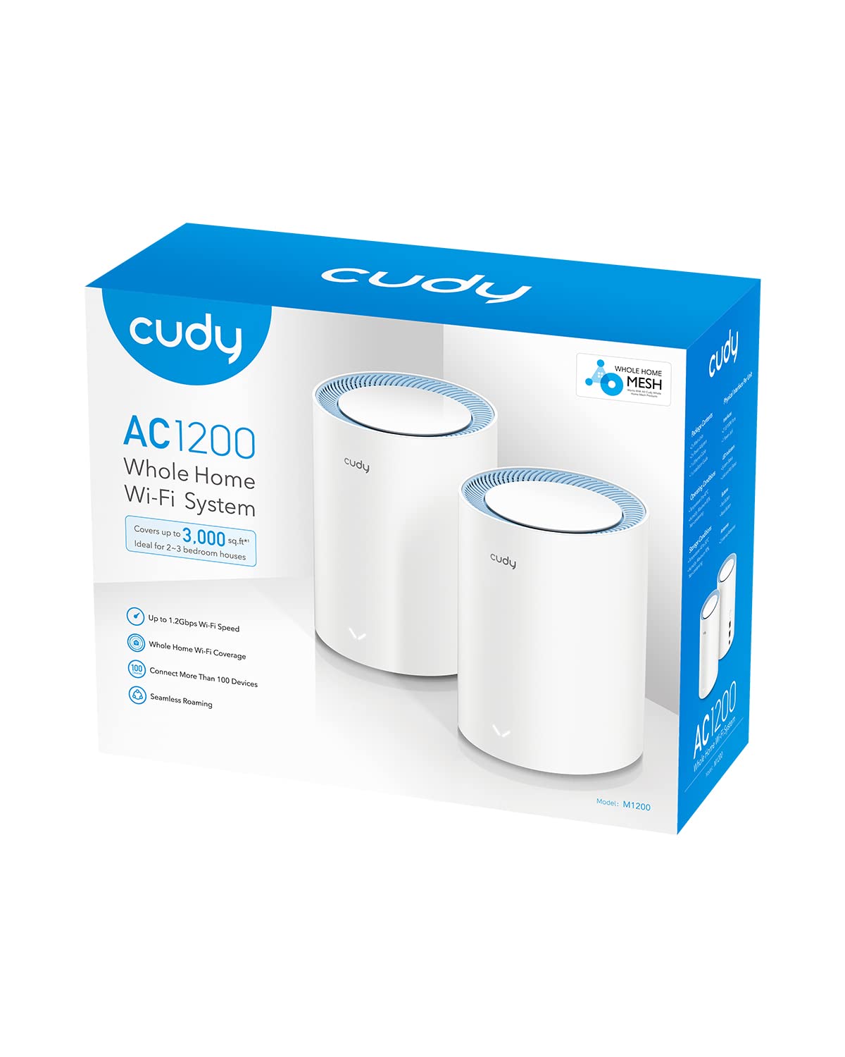 Cudy AC1200 Sistema WiFi a Rete Completa, Dual Band, Estensore WiFi, Porte 10/100M, Antenne ad alto guadagno, VPN, Cloudflare, M1200 2-Pacchetto