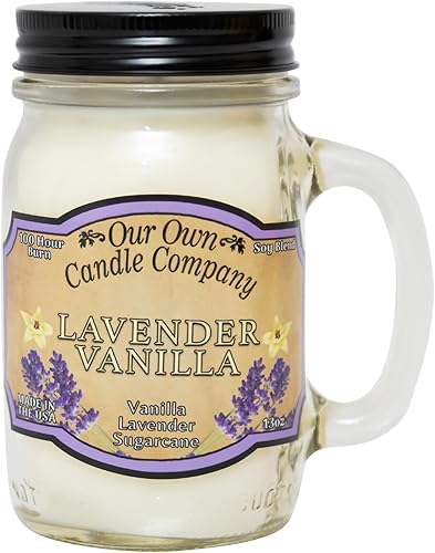 Our Own Candle Company Vela en tarro Mason de 13 onzas con aroma a vainilla y lavanda