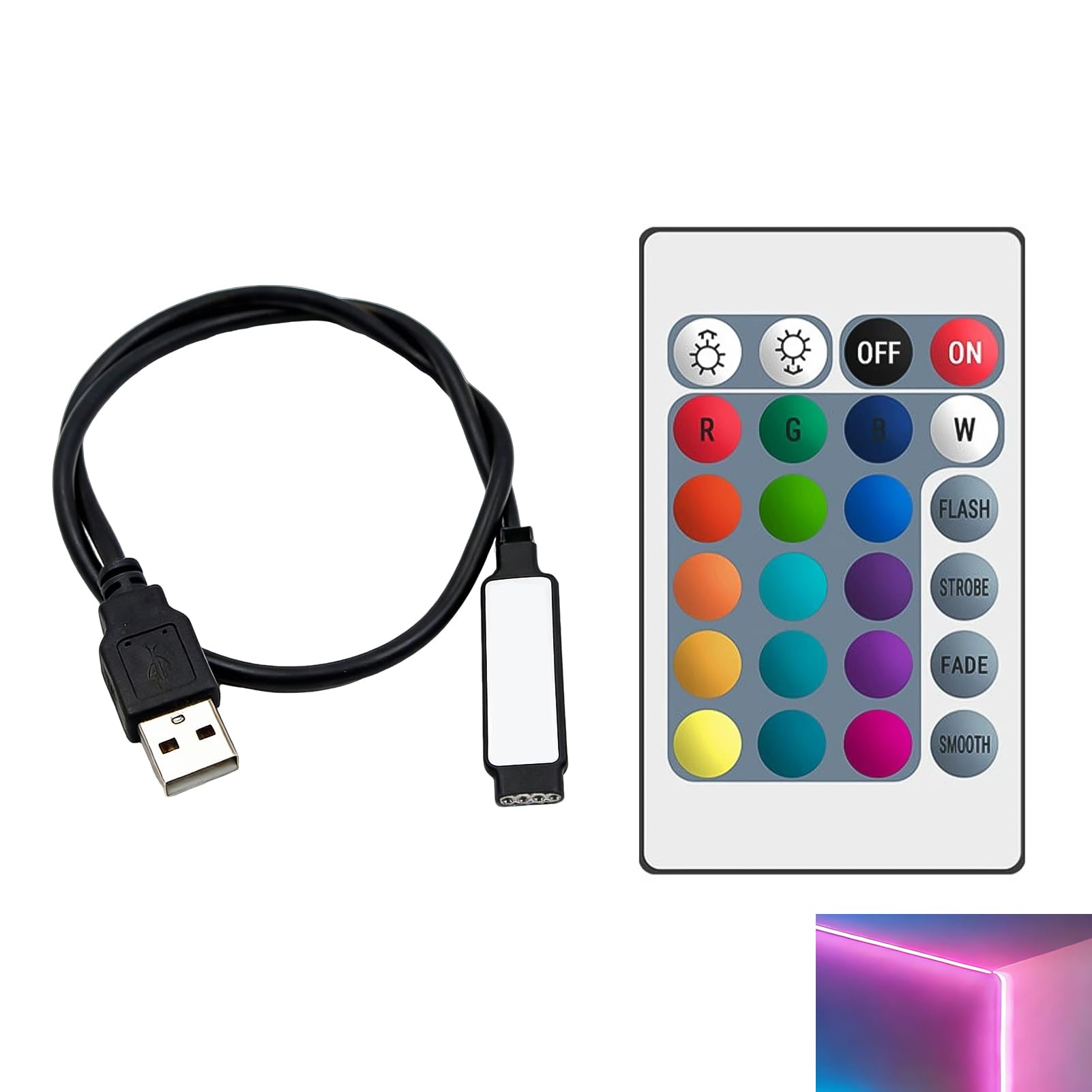 LED Strip Remote Control RGB, 5V LED Light Remote Replacement Controller IR for Strips, 24 Key with Brightness Adjustment, Stable Performance, 0.5 Meter Cable for Various Lamps Lighting Systems