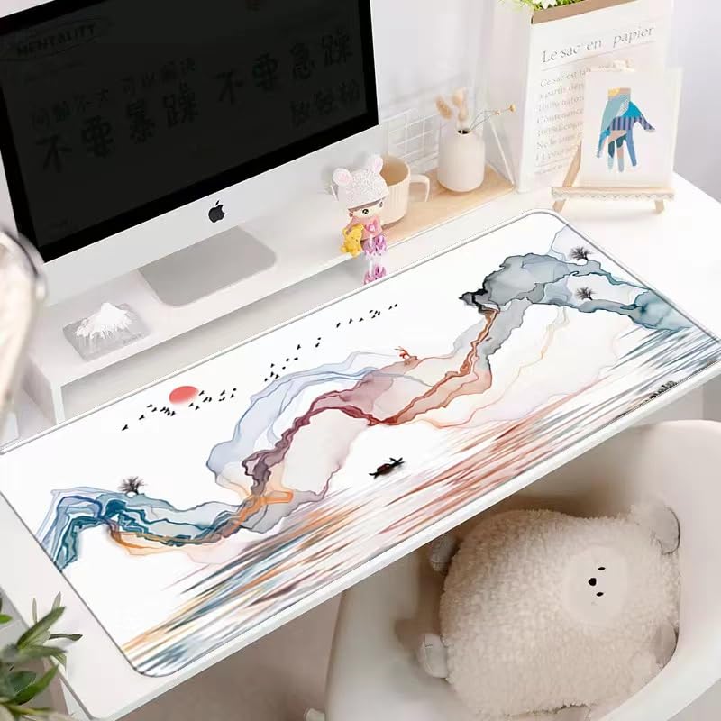 Extended Gaming Computer Mouse Pad, Large Black Red Mouse Pad for Desk, Cute Anime Japanese Great Wave Desk Pad for Keyboard and Mouse, Retro, 31.5 x 11.8 x 0.12 inches